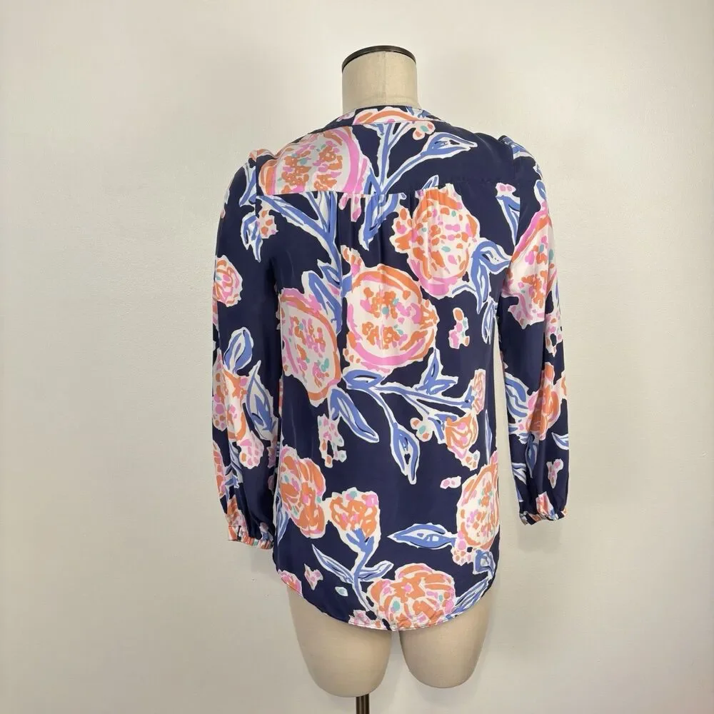 Lilly Pulitzer Top XS Navy Floral Alexandra Henley Long Sleeve Bright Pom Pom